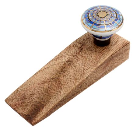 Blue Sapphire Hue Golden Pattern Ceramic Wooden Door Stopper